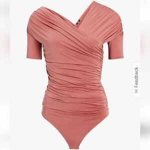 Body Contour Compression Silky Ruched Asymmetrical Neckline Thong Bodysuit